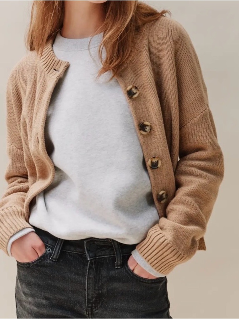 Quince 100% Organic Cotton Cropped Cardigan v-neck tan large